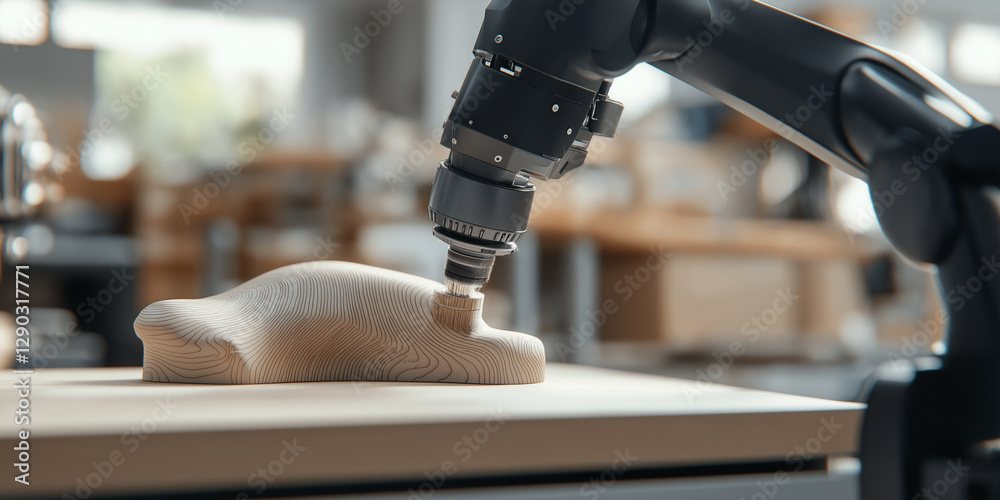 Poster ai powered robotic arm sanding custom wooden sculpture in workshop