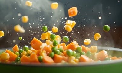 Extreme detail on vibrant yellow corn kernels, bright green peas and neatly diced orange carrots, Generative AI