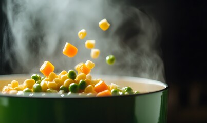 Extreme detail on vibrant yellow corn kernels, bright green peas and neatly diced orange carrots, Generative AI