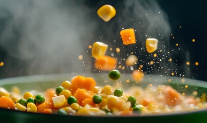 Extreme detail on vibrant yellow corn kernels, bright green peas and neatly diced orange carrots, Generative AI