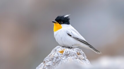 Naklejka premium White-crested bird perched on rock, blurred background, wildlife photography