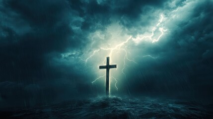 Naklejka premium A stormy sky with a cross illuminated by lightning