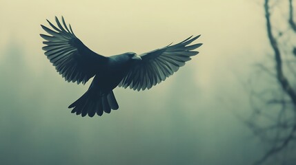 Obraz premium Bird in flight, misty forest, nature, tranquility, serene