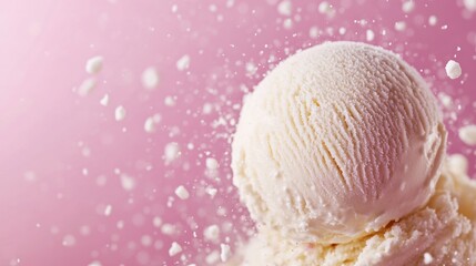 vanilla ice cream ball with falling sugar sprinkles on pink background, top view, selective focus