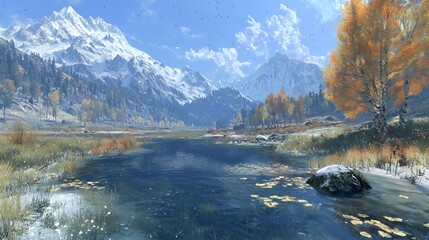 Snowy Mountain Lake Autumn Landscape