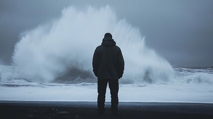 Man Contemplating Powerful Waves on Black Sand Beach