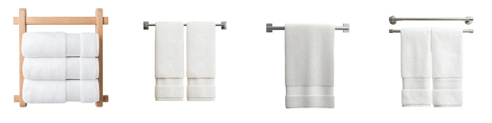 Fototapeta premium Luxurious and modern bathroom interior with pristine white towels neatly arranged on a wooden towel rack creating a serene and elegant ambiance The clean