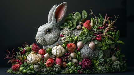 A grey bunny is partially adorned with various garden vegetables