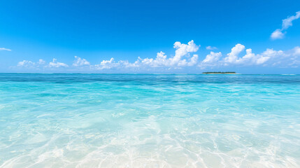 tranquil beach with clear blue water and distant island under bright sky