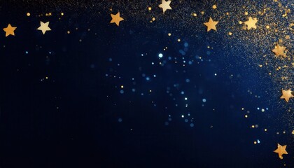 Fototapeta premium luxury golden glitter and glowing stars on deep navy blue background, festive sparkling light effect for elegant designs