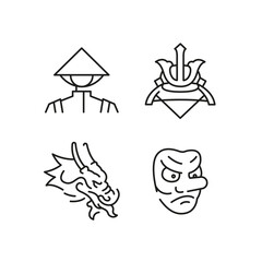 Asian Samurai icons. Set of 4 Asian Culture trendy minimal icons. Example: Samurai, Temple, Mask. Design signs for web page, mobile app, packaging design. Vector illustration.