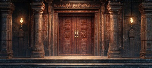 A temple entrance with massive wooden doors, covered in sacred carvings crisp edges