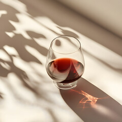 A crystal-clear glass filled with deep red wine, placed elegantly on a white surface, with light reflecting off the glass