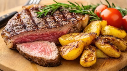 Grilled Steak with Rosemary Garnish and Roasted Potatoes on Wooden Cutting Board