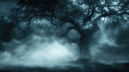 Obraz premium Mysterious foggy forest, ancient tree, eerie night, Halloween background