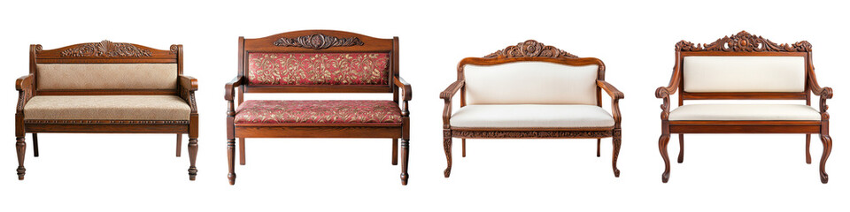 Ornate antique wooden furniture pieces including chairs benches and sofas arranged in a classic elegant interior design setting with traditional decor and architectural details