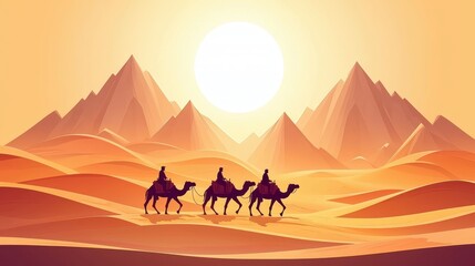 Camel caravan journey through golden desert at sunset digital illustration fantasy landscape