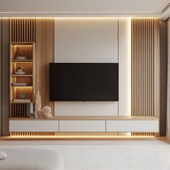 Modern minimalist living room with TV unit and wooden accents.