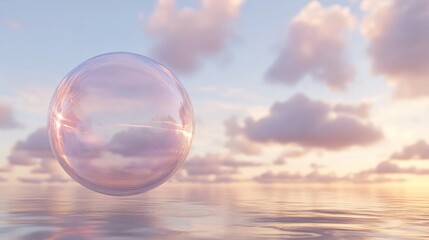 Glass sphere floats on calm ocean reflecting sunset sky.