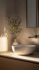 Sunlit Minimalist Bathroom with Elegant Vessel Sink and Natural Decor - Generative AI