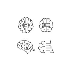 AI brains icons. Minimalistic AI and brain technology icons set with futuristic design. Brain, Microchip, AI Interface icon. Design signs for web page, mobile app. Vector illustration.