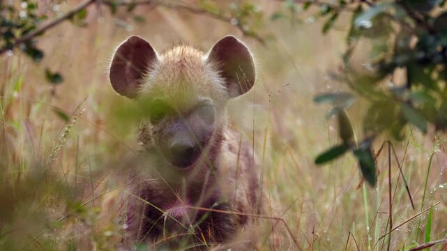 Little Spotted hyena cub peeks at camera from behind savanna vegetation