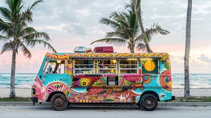 vibrant and artistic food truck parked on the beach under palm trees, featuring a colorful design with intricate patterns, creating a lively and inviting atmosphere by the sea