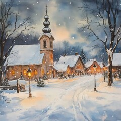 Serene Winter Village Scene with Snow and Church at Dusk