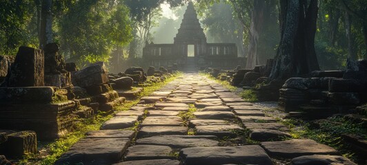 An ancient stone pathway leading to a sacred temple crisp edges