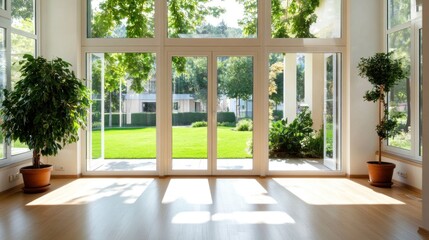 Fototapeta premium Spacious room filled with natural light features large windows overlooking a manicured garden with flourishing plants and a serene atmosphere