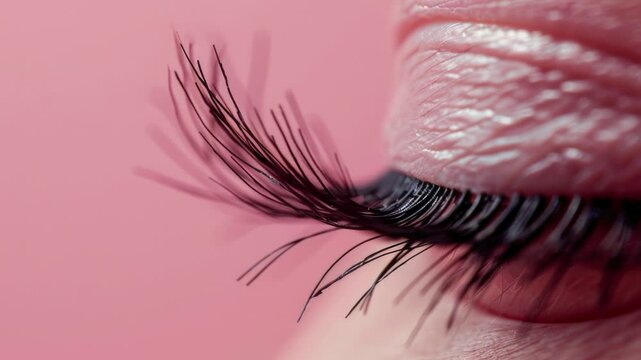 A close-up image of a womans eye with long, dark eyelashes. The eye is closed, and the eyelashes are fanned out, creating a dramatic look. The background is a soft pink color.
