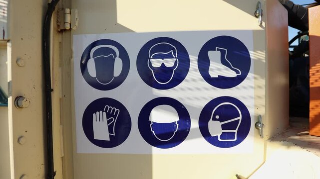 Safety pictographs on drilling rig remind workers to wear PPE gear