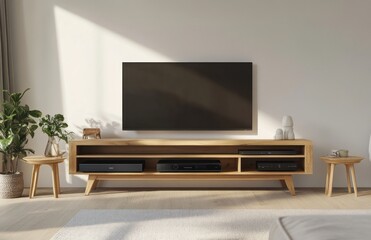 Modern living room with TV, wooden stand, and plants.