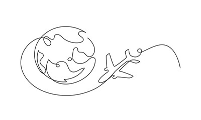 Airplane and Earth in one continuous line drawing. One line poster. Outline airplane. For interior design and presentations. Vector illustration.