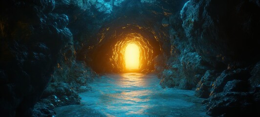 An empty tomb with a glowing light inside, representing resurrection crisp edges