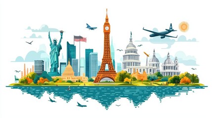 Obraz premium Global cities illustrated aerial views of cultural icons and landmarks