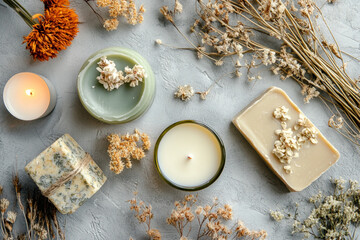 Handmade candles and soap bars with dry flowers on gray background 