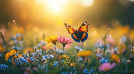 Butterfly among wildflowers meadow nature photography golden hour close-up beauty of nature