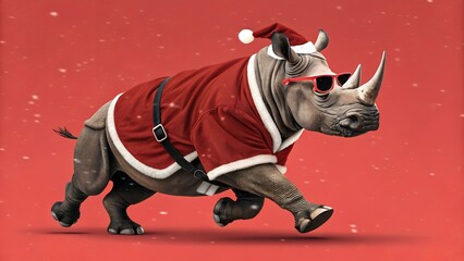 Rhino in Santa's Gear: A whimsical rhino dons a Santa Claus outfit and sunglasses, strolling across a festive red background, embodying holiday cheer and unexpected animal charm.
