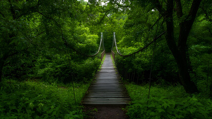 Rustic Wooden Suspension Bridge in a Lush Green Forest