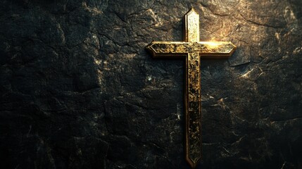 Golden religious cross on a dark stone background, dramatic lighting