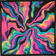 A vibrant, swirling psychedelic design with neon pinks, blues, and greens, creating a fluid, mesmerizing pattern on a deep black background