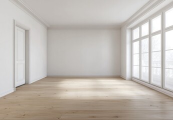 Fototapeta premium Empty bright room with hardwood floor and large windows.
