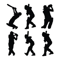 Set of cricket batsman shot, batsman black silhouettes shapes drawing illustration Vol 02