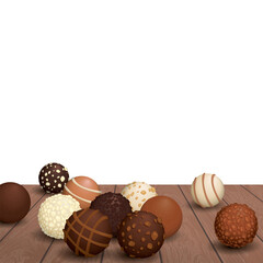 Various chocolate balls on cut timper with white square background graphic illustration have blank space.