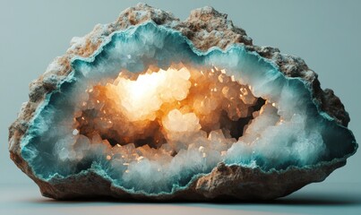 Obraz premium Glowing crystal geode on plain background, ideal for geology or nature projects