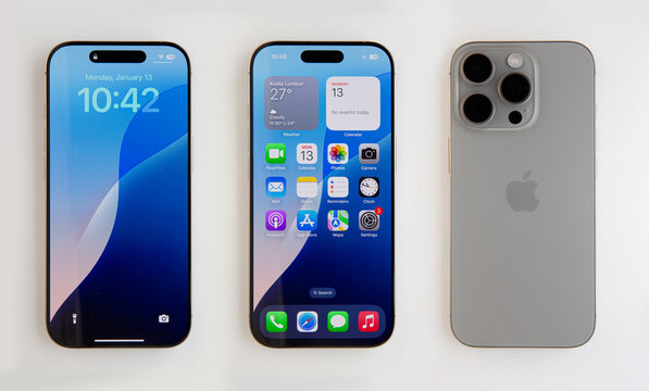 Apple iPhone 16 pro showing locked screen, home screen and back side of the phone