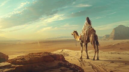 lone traveler rides a camel through the vast desert landscape, with golden sand dunes and distant mountains under a soft blue sky, capturing the essence of adventure and exploration