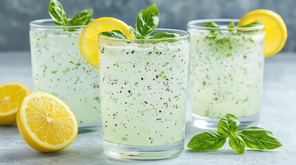 Fototapeta premium Refreshing basil lemonade in glasses, light grey background. Possible stock photo use