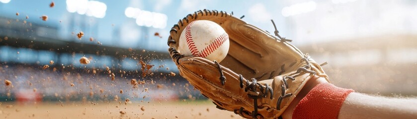 A close-up of a baseball glove catching a ball during an exciting game.